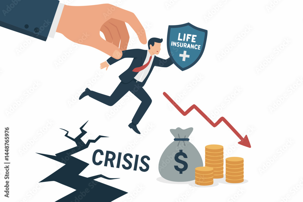 Businessman Escaping Financial Crisis with Life Insurance Shield, Concept of Protection, Security, and Risk Management During Economic Downturn with Helping Hand Vector Illustration. Businessman Escaping Financial Crisis with Life Insurance Shield, Concept of Protection, Security, and Risk Management During Economic Downturn with Helping Hand Vector Illustration.