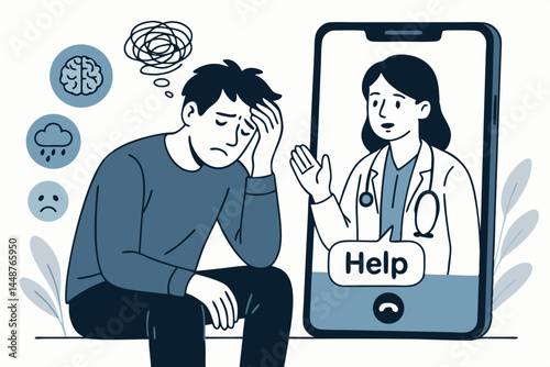 Online Mental Health Therapy Session via Video Call. Depressed Patient Seeks Virtual Support from Doctor on Smartphone. Telemedicine Psychology Consultation Vector Illustration.