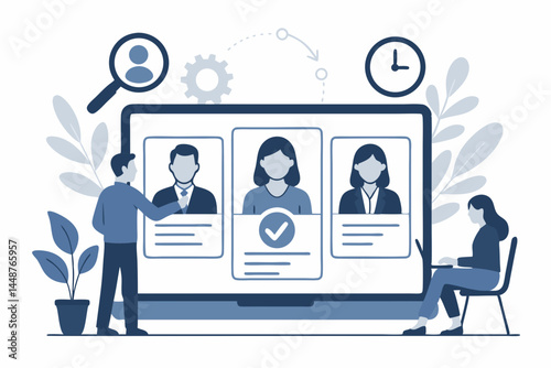 Modern vector illustration of an efficient hiring process, featuring HR managers reviewing online candidate profiles on a laptop for recruitment, talent search, and job placement.