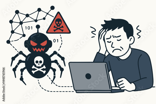 Frustrated man at laptop computer dealing with cybersecurity threat represented by menacing virus spider bot malware hacker attack network security breach warning vector illustration.