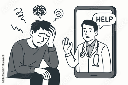 Anxious patient connects with therapist through telemedicine app for mental health support. Doctor offers help via video call. Grayscale line drawing vector graphic about online healthcare.