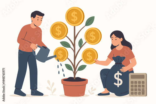 Vector illustration of a couple growing a money tree, symbolizing financial planning, investment strategy, savings growth, cultivating wealth together, and achieving financial success.