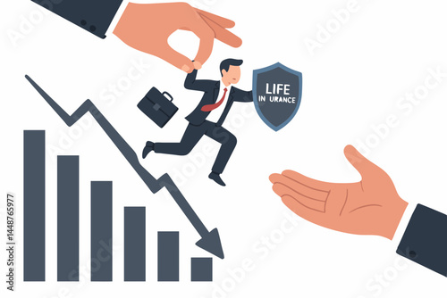 Financial protection concept with businessman carrying life insurance shield, lifted from declining stock market graph by a supportive hand, illustrating safety net and crisis management.