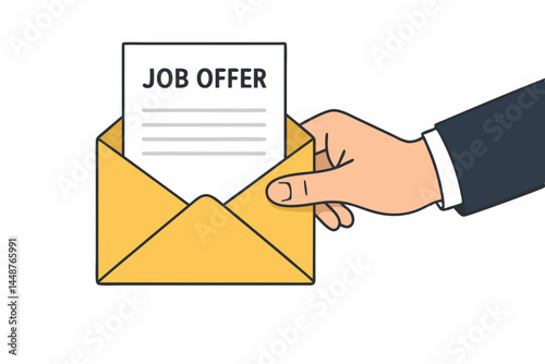 Hiring Success: Businessman's Hand Presents Job Offer Letter in Open Envelope - Recruitment, Career Opportunity, Employment Agreement Vector Illustration Concept