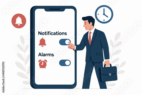 Vector illustration of a businessman configuring smartphone alerts, managing notifications and alarms via mobile app settings interface with toggle switches for productivity.