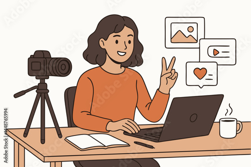 Content creator female blogger vlogger working remotely online with laptop and camera setup on tripod at desk, smiling, making peace sign, social media icons vector illustration.
