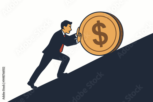 Determined businessman pushing a giant gold dollar coin up a steep hill, symbolizing the uphill financial struggle, economic challenge, business effort, and perseverance required for growth.
