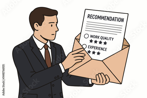Professional man in suit opens envelope containing a job recommendation letter with performance evaluation ratings, vector illustration concept for recruitment and career assessment.