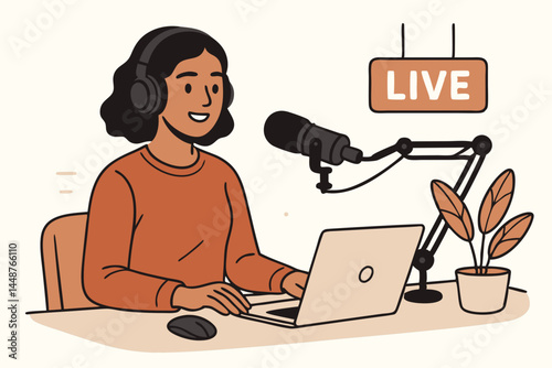 Vector illustration of a female podcaster or radio host speaking into a microphone during a live broadcast session in a studio, using headphones and laptop for online streaming.