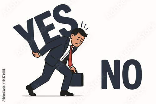 Concept art showing a tired businessman burdened by 'YES', walking towards 'NO'. Represents job pressure, burnout prevention, the power of refusal, and managing workload stress.