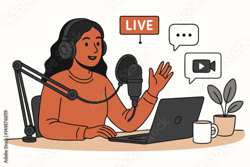Engaging female podcaster speaking into microphone during live broadcast session. Vector illustration concept for online radio show, streaming, vlogging, and content creation.