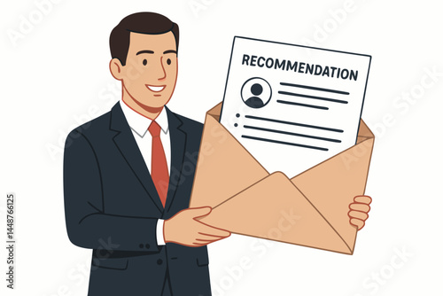 Vector illustration of a happy businessman receiving or showing a recommendation letter in an envelope, concept for hiring, recruitment, job approval, or reference check.