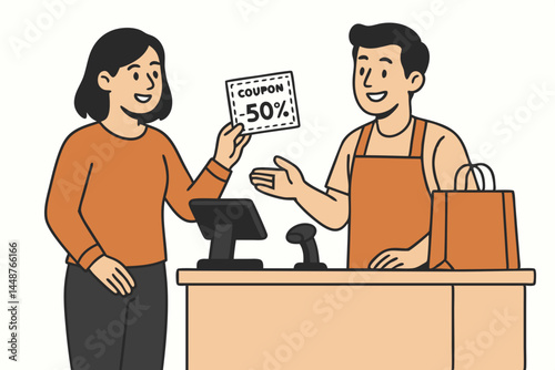 Customer hands over a 50 percent off discount coupon to the cashier at the point of sale terminal. Shopping transaction with savings illustration. Simple flat line art style.