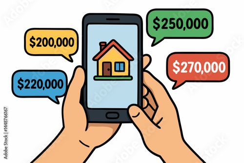Vector graphic illustrates a heated online bidding war for real estate property using a mobile app, showcasing rising house prices and competitive housing market investment trends.