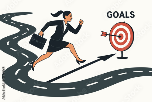 Focused businesswoman runs with determination on a career path towards achieving her goals. Vector graphic illustrating ambition, motivation, success, hitting the target, and business journey.