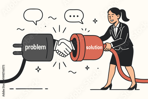 Problem solving concept vector: Businesswoman connects problem and solution plugs using a handshake connection, illustrating successful negotiation, strategy, and partnership.