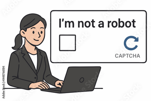 Vector illustration of a businesswoman using a laptop and completing the "I'm not a robot" CAPTCHA verification. Concept for internet security, user authentication, and anti-spam measures.