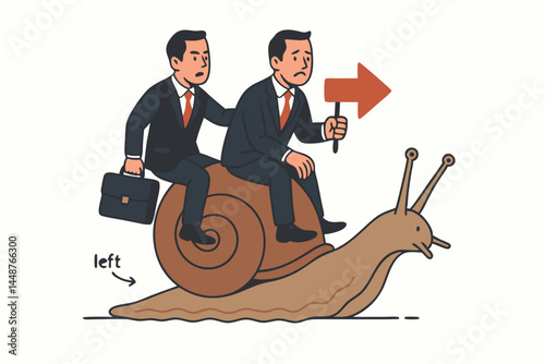 Inefficient Business Teamwork Vector: Worried businessmen on a slow snail moving left while pointing right illustrate misguided strategy, slow progress, and poor corporate direction.
