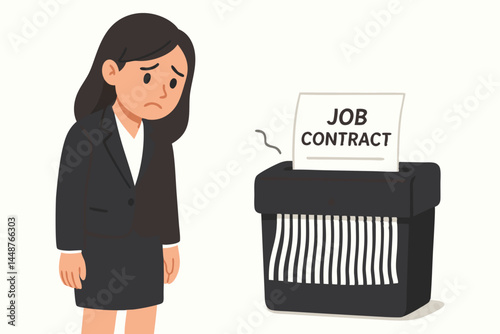 Unemployed businesswoman looks heartbroken as her job contract goes through a shredder. Concept vector illustration of job loss, contract rejection, termination, and professional failure.
