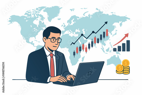 Financial analyst in suit working on laptop, examining global economic data, stock market trends, and investment growth charts with world map visualization. Vector business concept.