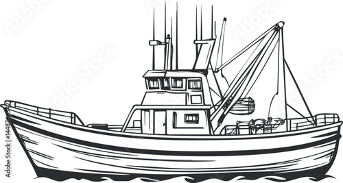 Black and white illustration of a fishing boat with crab pots on deck, used for commercial fishing on the sea.