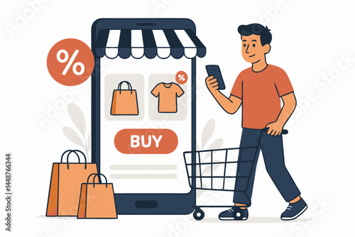 Online shopping concept vector illustration showing a man browsing a retail mobile app for clothes discounts and sales, pushing a cart next to a large smartphone display.
