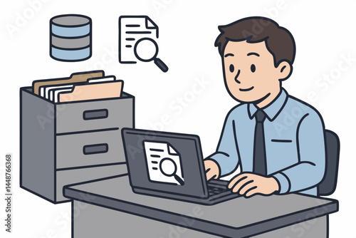 Business professional using laptop for efficient database searching and data management. Flat vector illustration concept for information technology, organization, and file retrieval.