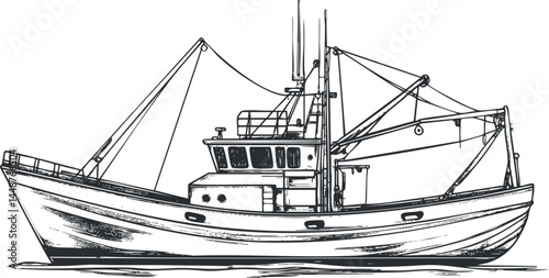 Detailed black and white sketch of a fishing boat with rigging and fishing equipment on water