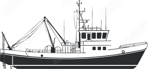 Black and white side view illustration of a commercial fishing boat with cabin and fishing equipment
