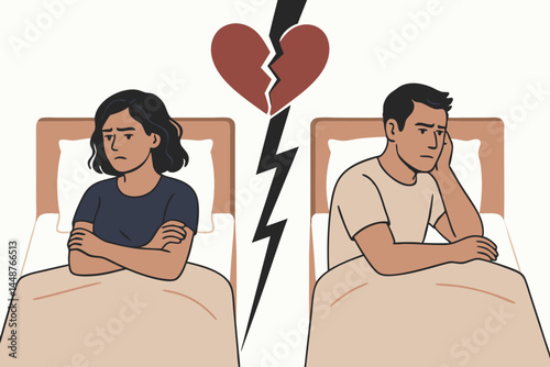 Sad couple facing relationship problems illustrated by separate beds and broken heart symbol, depicting conflict, breakup, divorce, emotional distance, and marital issues vector art.