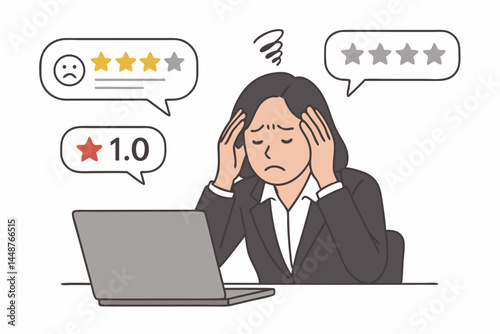 Stressed businesswoman overwhelmed by negative online reviews and low 1-star customer feedback rating shown on laptop screen vector illustration concept for reputation management.