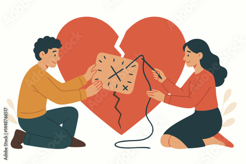 Healing a Broken Heart Vector: Couple Working Together, Man Applying Clock Patch, Woman Sewing Crack, Symbolizing Relationship Therapy, Reconciliation, Patience, and Love Repair