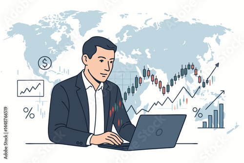 Vector illustration of a businessman at desk with laptop analyzing global financial markets, stock trading charts, investment data, and business growth against world map background.