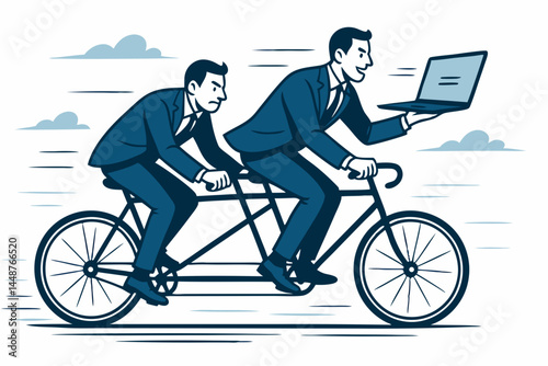 Dynamic vector illustration of business partners on a tandem bicycle, showcasing contrasting roles in teamwork, one leading with tech while the other provides the effort.