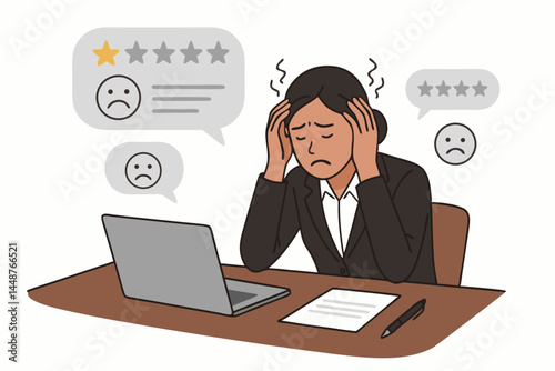 Stressed businesswoman overwhelmed by negative online reviews and poor customer feedback, experiencing work pressure and anxiety while sitting at her office desk with a laptop.