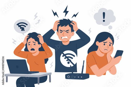 Frustrated people experiencing poor Wi-Fi signal and internet connection problems. Man and women stressed by slow network speed, router issues, and no signal on laptop and phone vector.