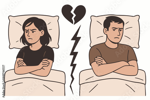 Relationship conflict concept vector showing an unhappy couple in separate beds with crossed arms, representing marital problems, divorce, separation, and a broken heart symbol.