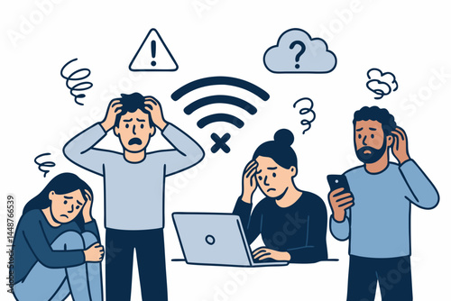 Stressed individuals, men and women, frustrated by poor Wi-Fi connectivity and internet disconnection problems. Vector graphic showing error signals, confusion, and technology issues.