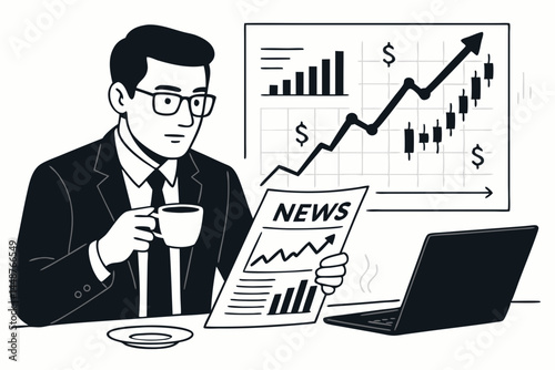 Financial analyst in suit reviews stock market data on newspaper and growth chart with laptop and coffee. Monochrome business vector concept for market analysis and investment.