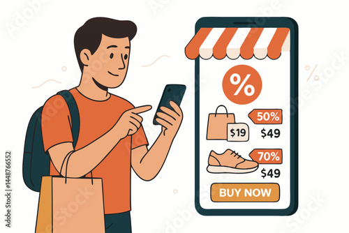 Happy man with shopping bag uses mobile app on smartphone for online shopping, discovering big discounts and sale prices on fashion items. Vector illustration for e-commerce promotion.