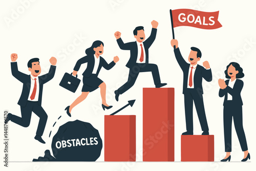 Vector illustration depicting a motivated business team overcoming challenges, climbing a growth chart, and celebrating reaching their goals, symbolizing teamwork, success, and achievement.