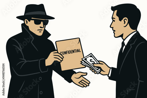 Undercover Spies Exchanging Secret Documents: Vector Art of Clandestine Espionage Operation with Agents Trading Confidential Files in a Briefcase or Folder for Intelligence Gathering