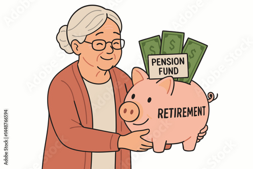 Senior woman smiling while holding a retirement piggy bank filled with pension fund money. Cartoon vector graphic illustrating financial planning, savings, and security for old age.