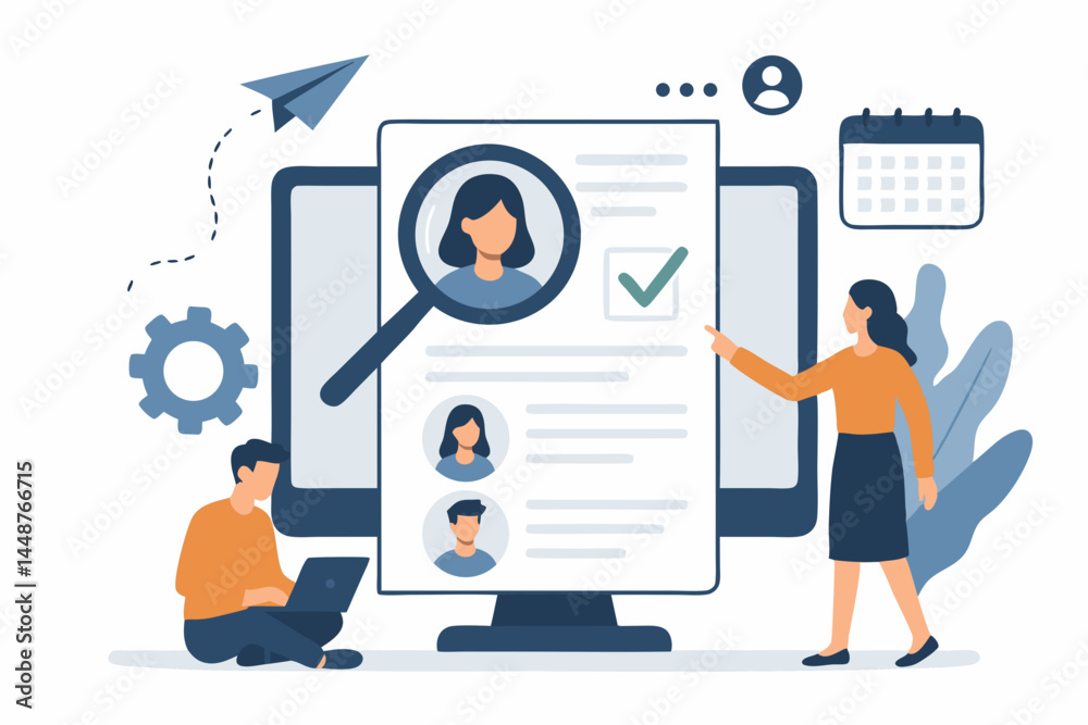 Streamlined Online Hiring Process Vector Illustration with HR Manager Selecting Candidates on Computer Screen, Recruitment Technology Concept, Job Application and Selection Process Streamlined Online Hiring Process Vector Illustration with HR Manager Selecting Candidates on Computer Screen, Recruitment Technology Concept, Job Application and Selection Process