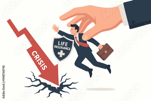 Life insurance provides security: Businessman holding shield rescued by giant hand from plummeting financial crisis arrow cracking the earth. Economic protection vector concept.