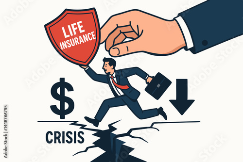 Businessman holding life insurance shield jumps over financial crisis chasm, symbolizing protection, security, and risk management in economic downturn. Vector illustration concept.