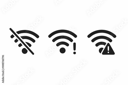 Wireless connection problem icons. Set of black flat vector symbols showing Wi-Fi signal issues like disconnection, error, warning. Internet network status indicators collection.
