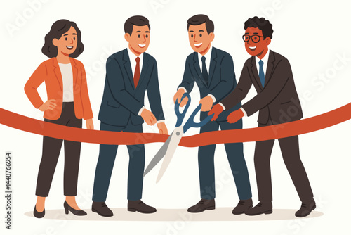Grand opening celebration vector featuring diverse business people cutting red ribbon with scissors. New venture launch ceremony, startup inauguration illustration for marketing.