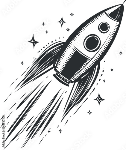 Black and white sketch of a rocket launching into space with stars in the background