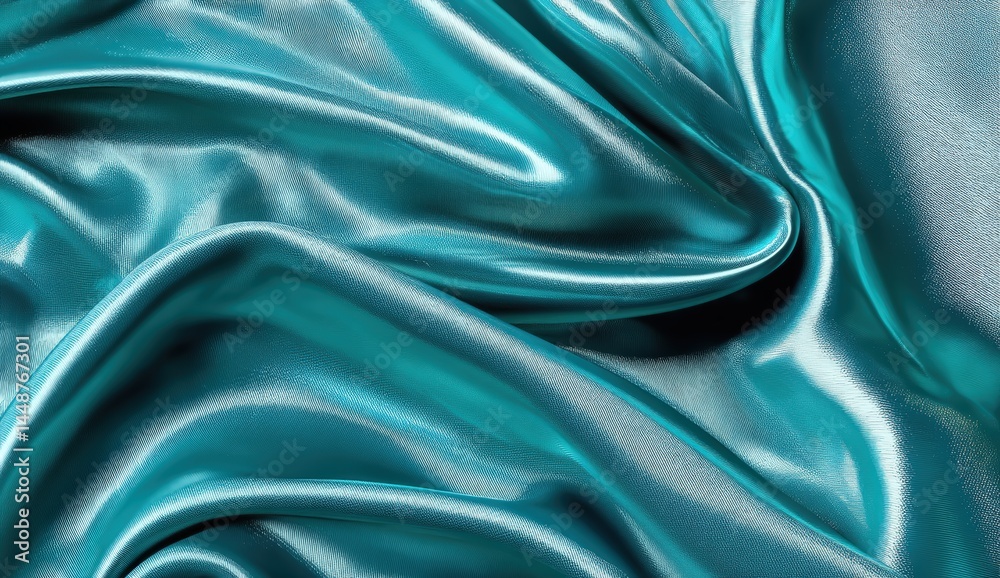 Obraz premium Luxurious teal satin fabric with elegant, flowing folds creating a smooth and shiny texture.